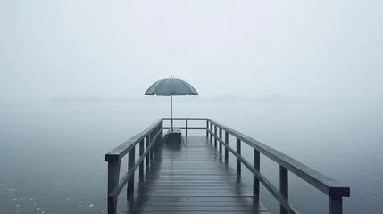  霧がかった湖の桟橋と傘　Generative AI © igapy