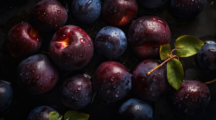 Fresh ripe plums with water drops background. Fruits backdrop. Generative AI