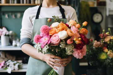 Happy woman working as florist at flower shop. Generative ai