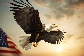 Obraz premium Wavy American flag with an eagle symbolizing strength and freedom . 4th of July Memorial or Independence day background. Generative AI