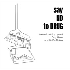Broom and dustpan with drug waste hand drawn template design for say no to drug poster campaign - obrazy, fototapety, plakaty
