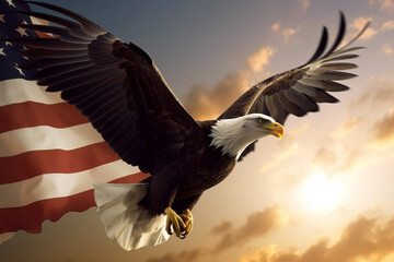 Wavy American flag with an eagle symbolizing strength and freedom . 4th of July Memorial or Independence day background. Generative AI