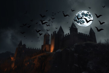 Fototapeta premium Bats flying to draculas castle. Halloween night. Generative ai.