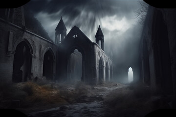 Horror halloween, haunted castle in creepy spooky night. Generative ai.