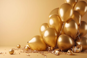 Golden balloons with sparkles and flying confetti on golden background. Celebration, party banner. Generative ai.