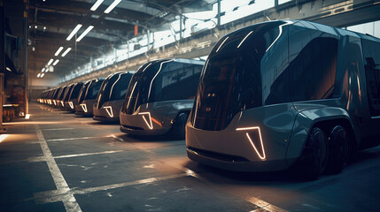 Fototapeta premium Electric trucks parked at the loading dock. Generative AI