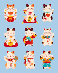 Japanese Maneki Neko cats. Collection cartoon lucky cats. Set of figurines of wealth and luck in flat style.