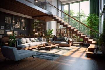 Fototapeta premium A living room filled with furniture and a stair case. Generative AI