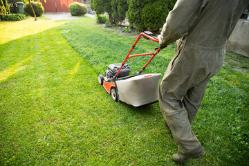 Lawn mover on green grass. Machine for cutting lawns.