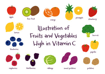 ビタミンCを多く含むフルーツや野菜の手書きベクターイラストセット