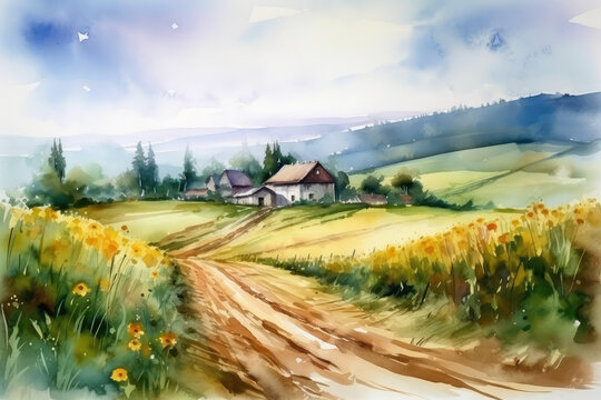 Farm with sunflowers, watercolor painting by hand, generative AI