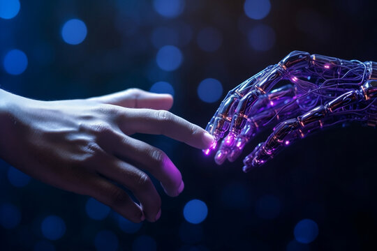 AI, robotic hand tuching human, contrast between human and technology