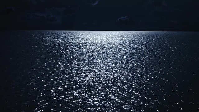 Night scene. The moon is reflected in the water, the moon path on the surface of the river.