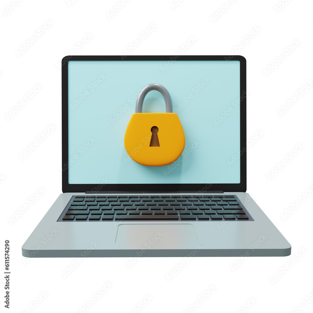 Poster computer security system concept with padlock icon on laptop screen. 3d render