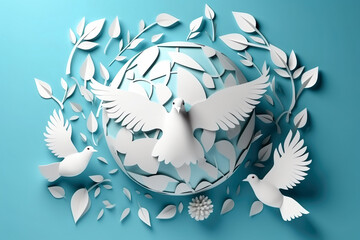 Fototapeta na wymiar Paper cut style , Paper art of International Peace Day , White pigeon flying with flowers on blue background , Created with generative AI