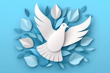 Paper cut style , Paper art of International Peace Day , White pigeon flying with flowers on blue background , Created with generative AI