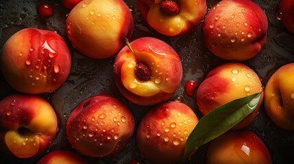 Naklejka na ściany i meble Fresh ripe peaches with water drops background. Fruits backdrop. Generative AI