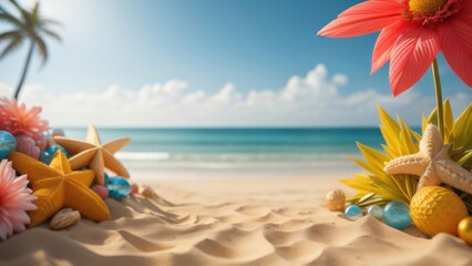 summer decoration with beauty beach background illustration. copy space. generative ai