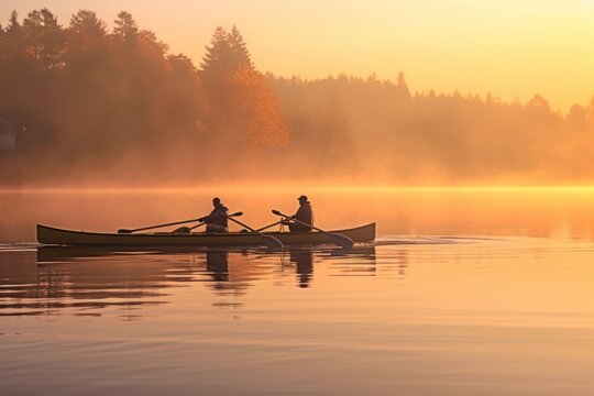 Lakeside scene, rowers glide through calm waters at dawn, capturing the essence of dedication and serenity. Generative AI