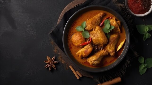 chicken curry photography, table top view, ultra realistic style