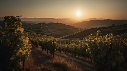 Naklejka na ściany i meble Sunset in a vineyard, rows of trees, mountains in the background - Generative AI