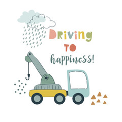 Poster with hand drawn tow truck and lettering. Can be used for children's textiles, poster printing in the children's room. © Evgeniia