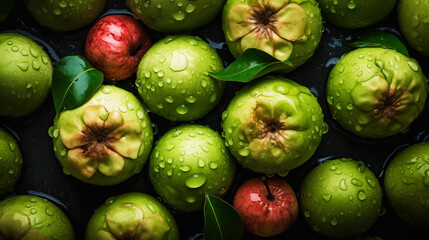 Fresh ripe guavas with water drops background. Fruits backdrop. Generative AI