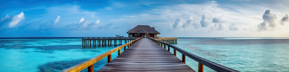 Water Villas (Bungalows) and wooden bridge at Tropical beach in the Maldives at summer day Generative AI