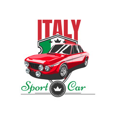 Old racing car against the background of the emblem with the Italian flag