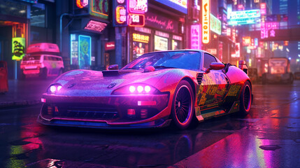 Fototapeta na wymiar a car driving down a city street at night, cyberpunk 2077 color, fuschia skin, hotline miami, 90's aesthetic, generative ai