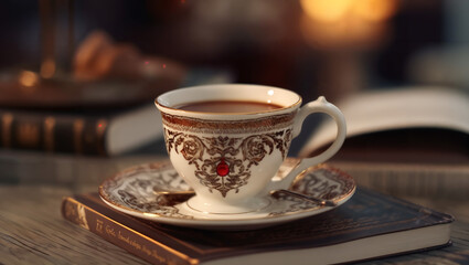 Obraz premium a cup of coffee sitting on top of a saucer, beautiful render of a fairytale, in opulent library, golden cup, on a canva, generative ai