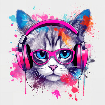 a cat wearing headphones and a pair of pink headphones, tee shirt graphic, blue-eyes, detailed beautiful animals, large colorful images, colourful artwork, generative, ai