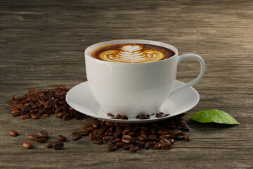 Latte art coffee in white cup with coffee bean and leaf on old wooden background, 3d illustration rendering