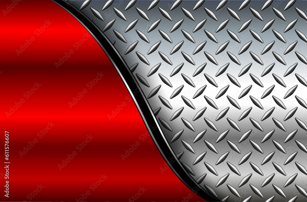 Wall mural silver red metal background with chrome shiny diamond plate pattern texture.