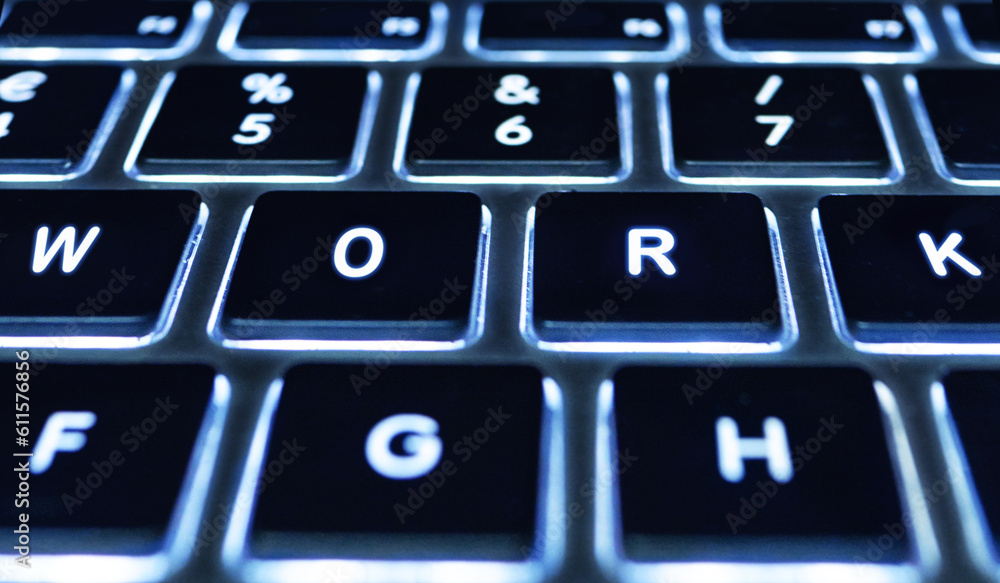 Poster closeup macro, laptop and keyboard with shine, backlit or technology for email communication, coding