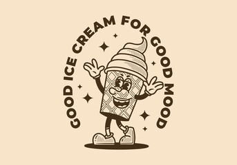 Ice cream cone mascot character with happy expression