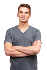 Obraz premium Fashion, crossed arms and portrait of happy man in studio with confidence, attractive and pride on white background. Smile, style and face of isolated handsome male person with trendy casual clothes