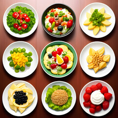 Collage of food in dishes. Set of different plates with food. Variety of food, vegetables, chicken, top view. Dinner options in plates. generative AI