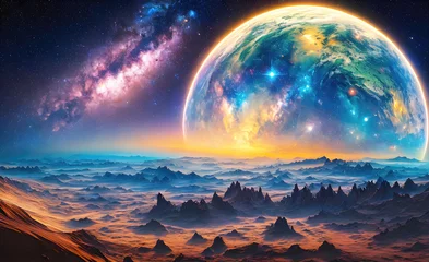 Wall murals Fantasy Landscape Landscape of an alien planet, view of another planet with stars and nebulas, science fiction cosmic background. Generative Ai.