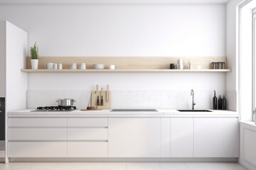  Generative AI.White kitchen Interior in scandinavian style with kitchenware. Minimal cozy counter mockup design for product presentation background. A beautiful closeup of a custom designed kitchen, 