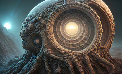 Fototapeta premium Landscape of an alien planet, a dark and gloomy vision of another planet background. Generative AI.