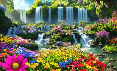 Foto op Aluminium Paradise land with beautiful  gardens, waterfalls and flowers, magical idyllic background with many flowers in eden. Generative Ai. © Cobalt