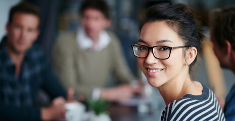 Woman leader, portrait and startup team in blurred background, meeting and smile with confidence....