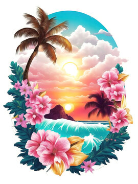 Palm tree on a tropical island with beach and sea waves, flat sticker illustration isolated on white, generative Ai.
