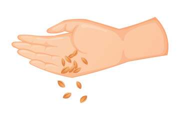 Human hand throwing plant seeds. The concept of gardening and sowing. Vector isolated cartoon illustration.