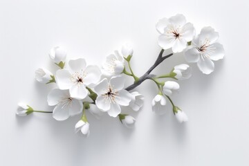 Beautiful white delicate flowers are shown on a white background. Minimalist floral background with blank space for text. Generative AI composite.  - obrazy, fototapety, plakaty