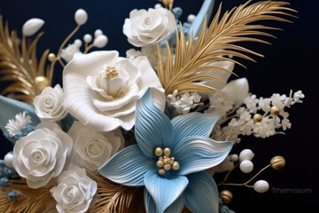 Aesthetic floral arrangement with white and blue flowers and golden additions on black backdrop. Wallpaper, card, greeting, voucher, modern art design. Generative Ai. 