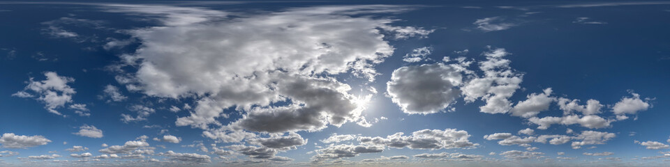 blue skybox with cumulus clouds as seamless hdri 360 panorama with zenith in spherical equirectangular projection may use for skydome replacement in 3d graphics or game development and edit drone shot
