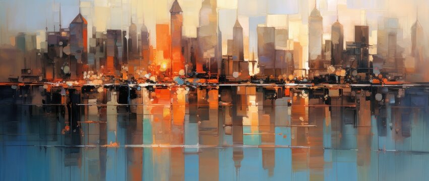 An abstract painting of cityscape in colored light in bright colors and reflections in water. Gorgeous wallpaper, backgrounds or social media graphics. Generative AI. 