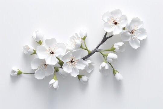 Beautiful white delicate flowers are shown on a white background. Minimalist floral background with blank space for text. Generative AI composite. 